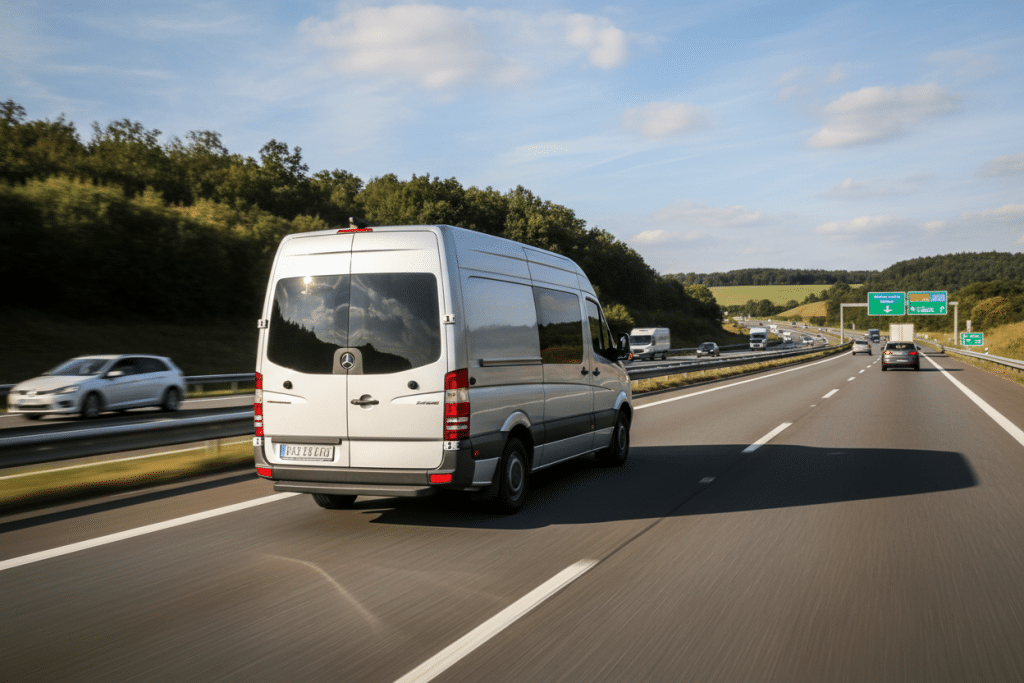 Ein silberner Kastenwagen fährt auf der rechten Spur einer vollen Autobahn.