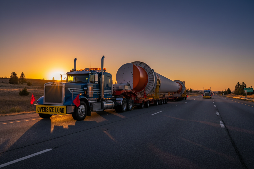 Ein blauer Schwertransport-Lkw mit dem Schild „Oversize Load“ transportiert bei Sonnenuntergang ein riesiges zylindrisches Bauteil auf einer Autobahn.