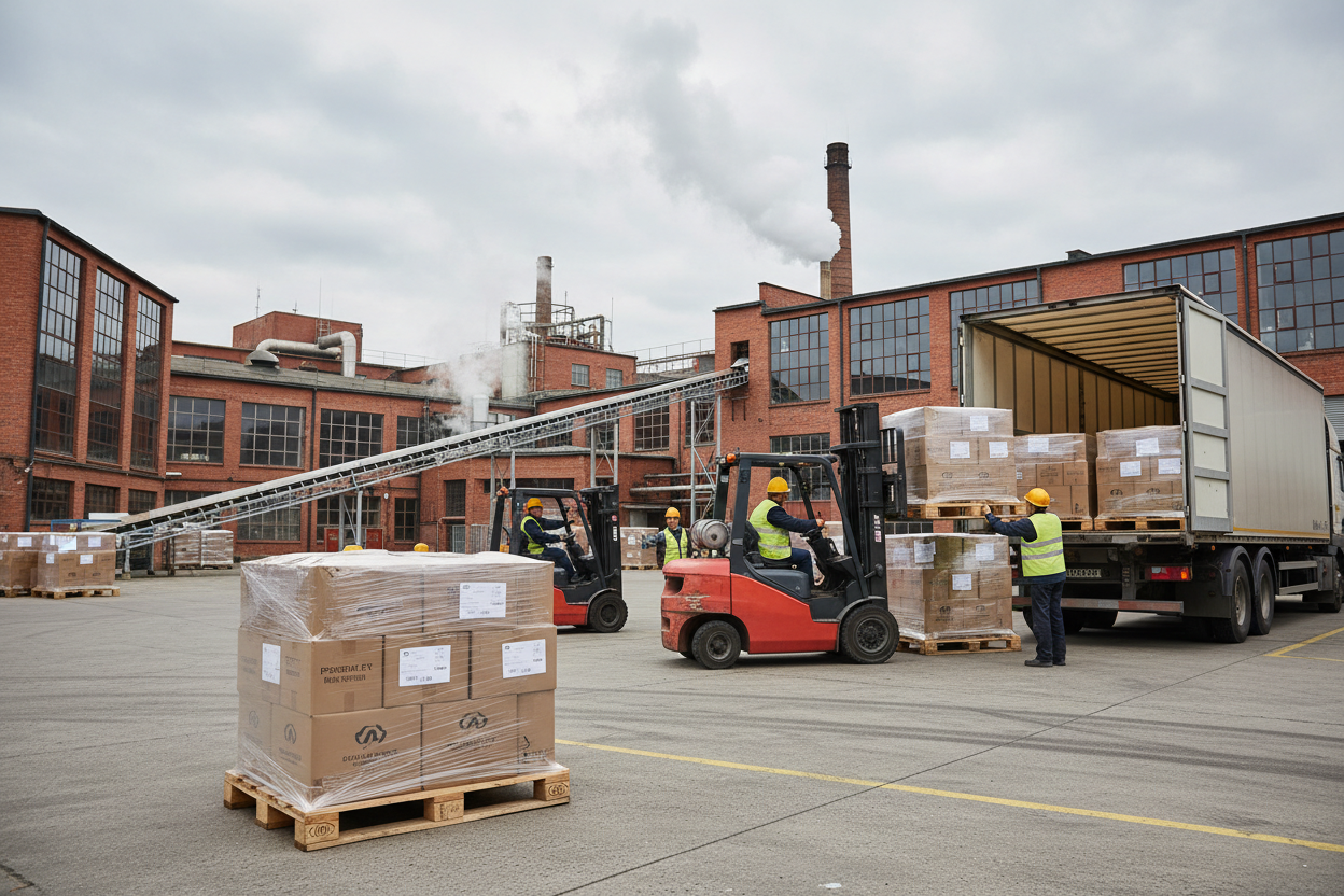 Arbeiter in Warnwesten und Helmen beladen einen Lkw auf dem Hof einer Fabrik mit Gabelstaplern.