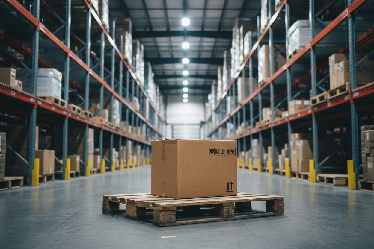 Ein einzelner Pappkarton auf einer Palette im Gang eines großen, hell erleuchteten Logistikzentrums.
